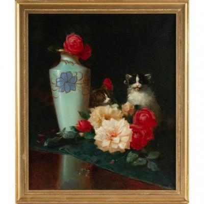 Maurice Isabelle Sprenger-Sébilleau (1849 - 1907): Jetée de fleurs avec chats.