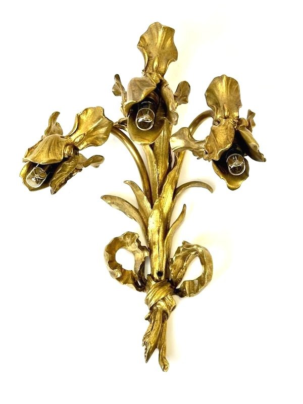 Paire d'Appliques En Bronze Art Nouveau "Aux Iris"-photo-2