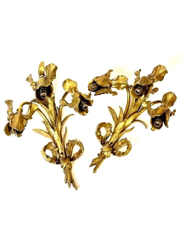 Paire d'Appliques En Bronze Art Nouveau "Aux Iris"-photo-7