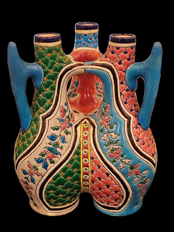 Longwy Vase Gourde Trilobé XIXème "Ecailles et Guirlandes Florales"-photo-3
