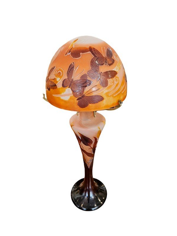 Emile Gallé Art Nouveau Mushroom Lamp “with Butterflies”-photo-2