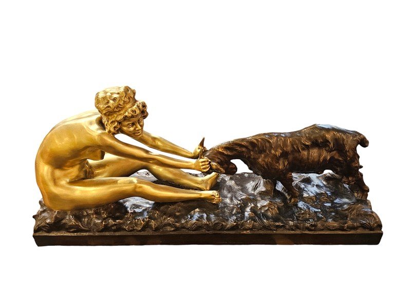 Affortunato Gory Grand Bronze Art Déco "Jeune Fille Et Bouc"-photo-2