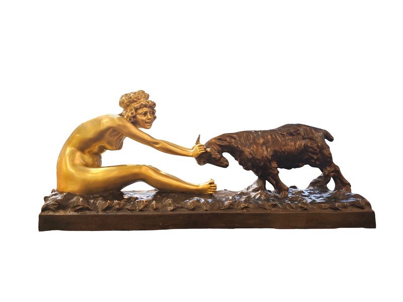 Affortunato Gory Grand Bronze Art Déco "Jeune Fille Et Bouc"-photo-8