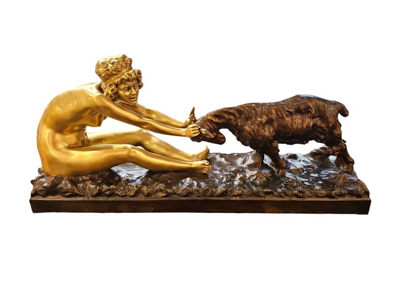 Affortunato Gory Grand Bronze Art Déco "Jeune Fille Et Bouc"