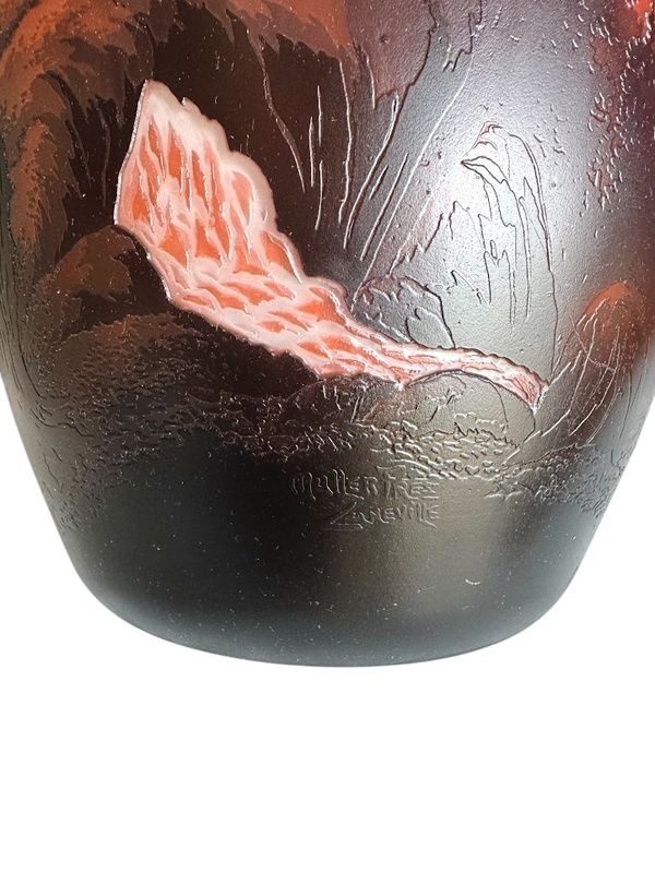 Muller Frères Lunéville Grand Vase "Paysage Lacustre de Montagne à la Cascade"-photo-3