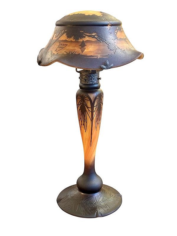 Daum Nancy Lampe Champignon Art Nouveau "Paysage Marin Aux Bateaux"-photo-4