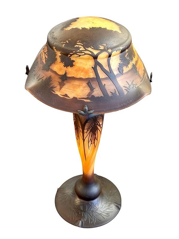 Daum Nancy Lampe Champignon Art Nouveau "Paysage Marin Aux Bateaux"-photo-6