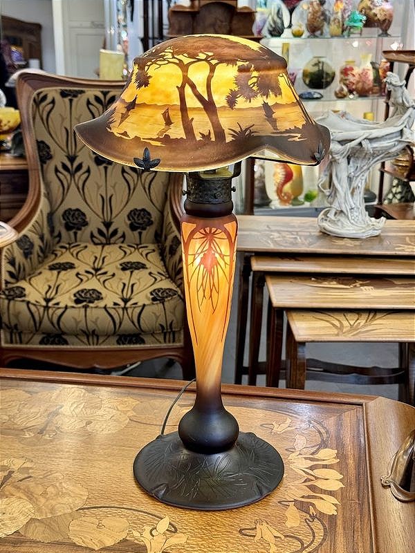 Daum Nancy Lampe Champignon Art Nouveau "Paysage Marin Aux Bateaux"-photo-7