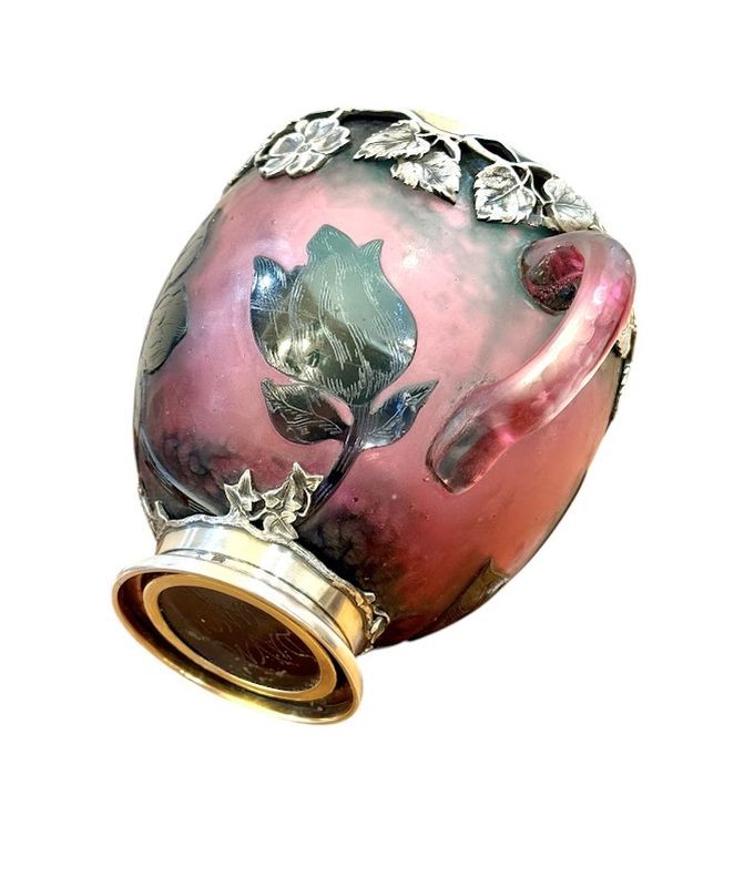 Daum Nancy Coupe Ansée à Monture Argent Art Nouveau "Roses de Noel"-photo-4