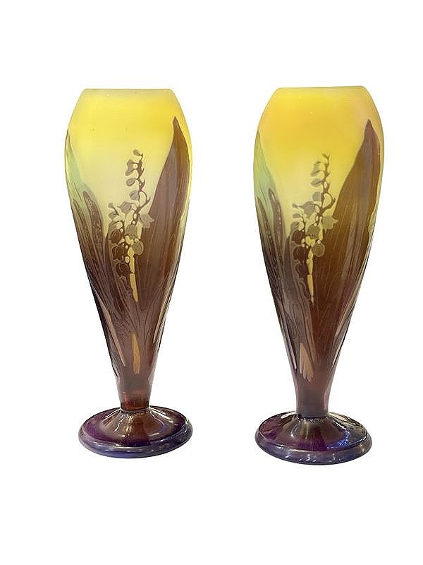 Pair Of Gallé Art Nouveau Vases "with Lily Of The Valley"-photo-2