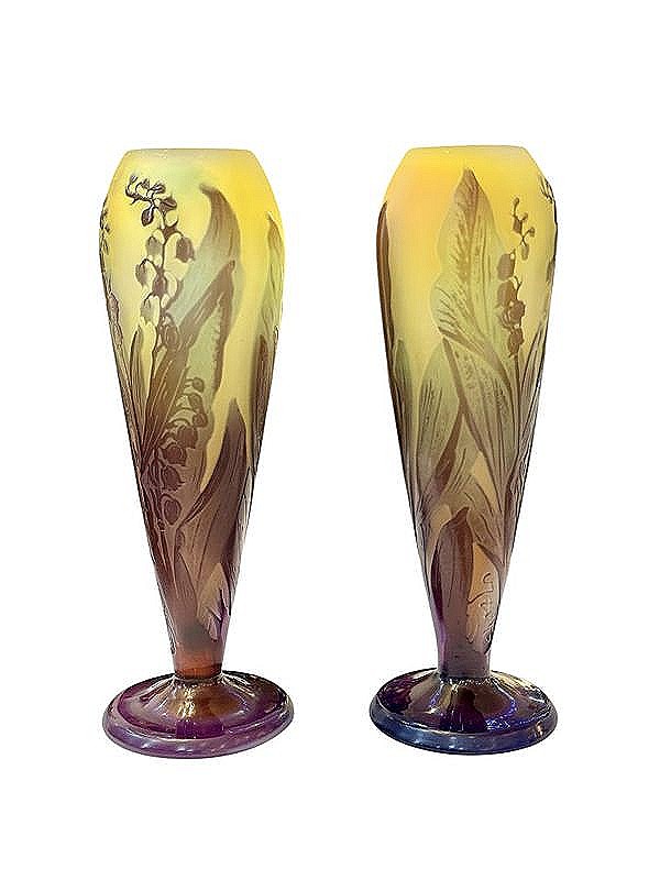 Pair Of Gallé Art Nouveau Vases "with Lily Of The Valley"-photo-5