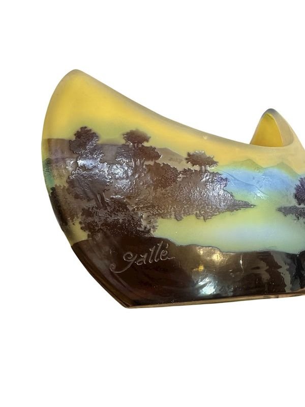 Emile Gallé Coupe Navette Art Nouveau "Paysage Lacustre"-photo-2