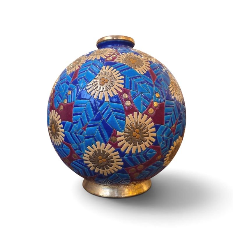 Longwy Vase Boule Art Deco "Fleurs Stylisées"-photo-4