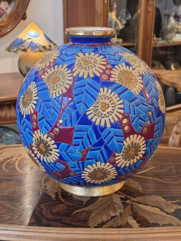Longwy Vase Boule Art Deco "Fleurs Stylisées"-photo-5
