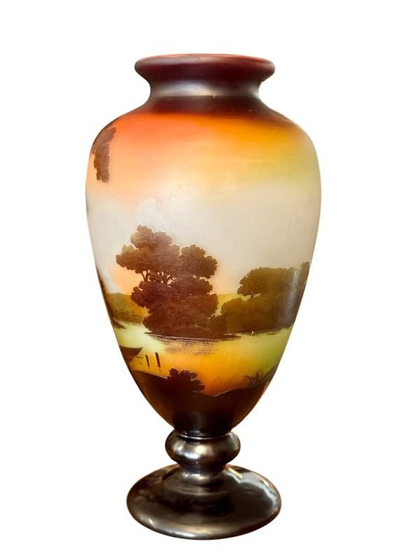 Emile Gallé Vase Art Nouveau "Paysage Lacustre Aux Barques"-photo-3