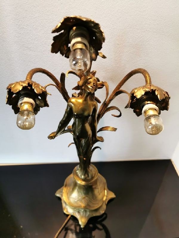 Lampe Art Nouveau En Bronze Doré-photo-3