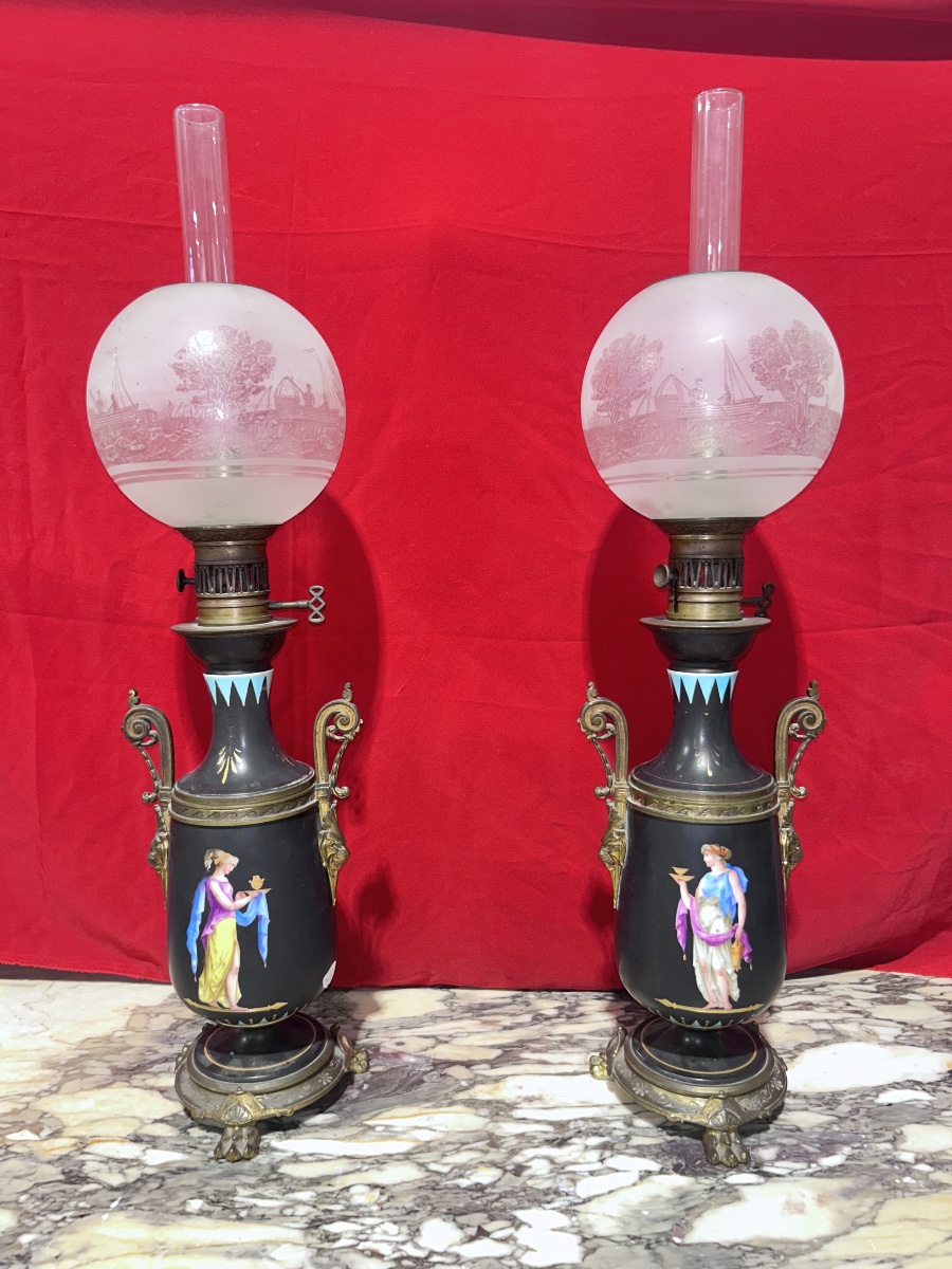 Pair Of Porcelain And Bronze Oil Lamps – 19th Century