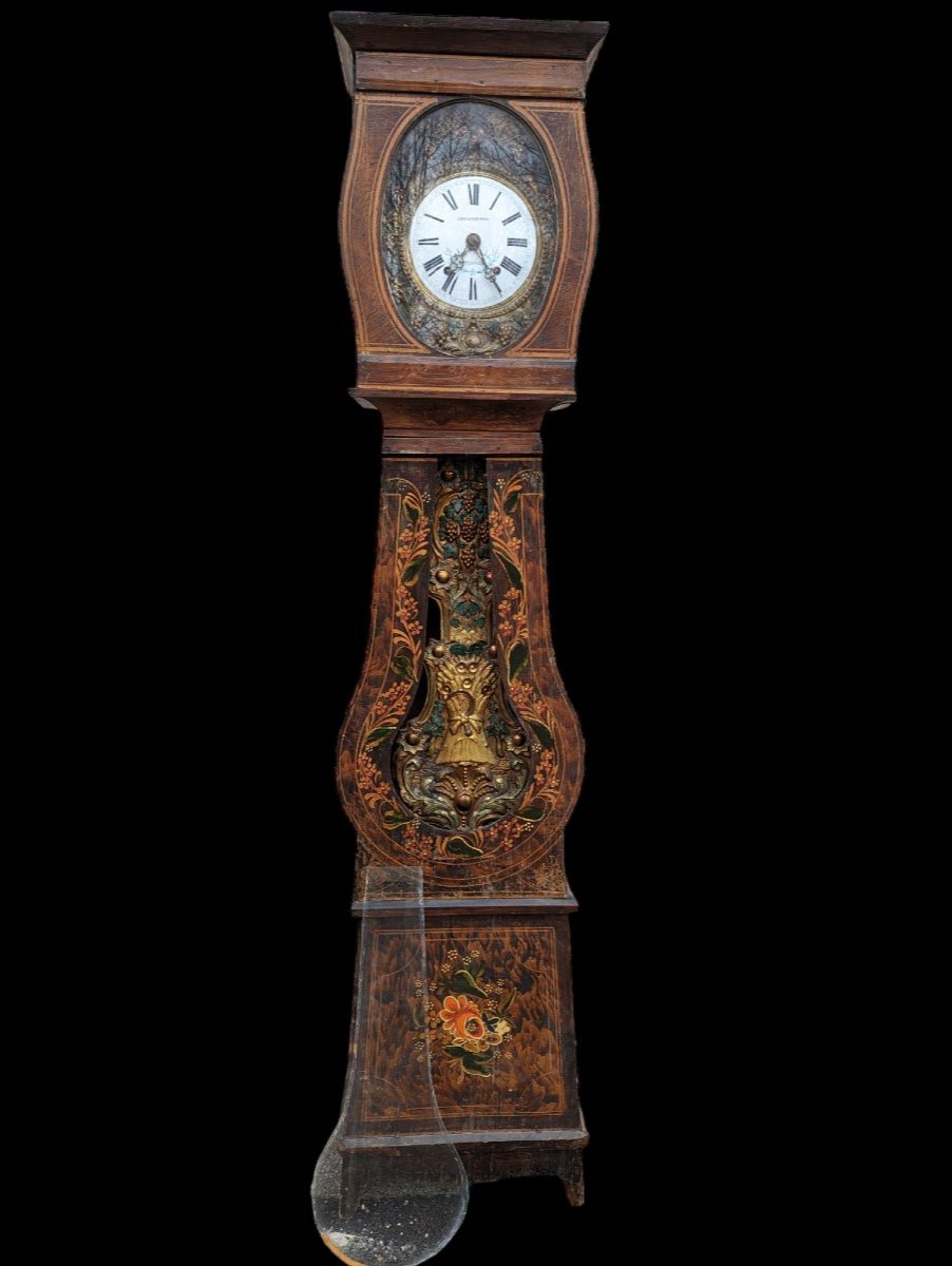 Horloge Comtoise Polychrome Avec Caisse Fleurie 19eme 