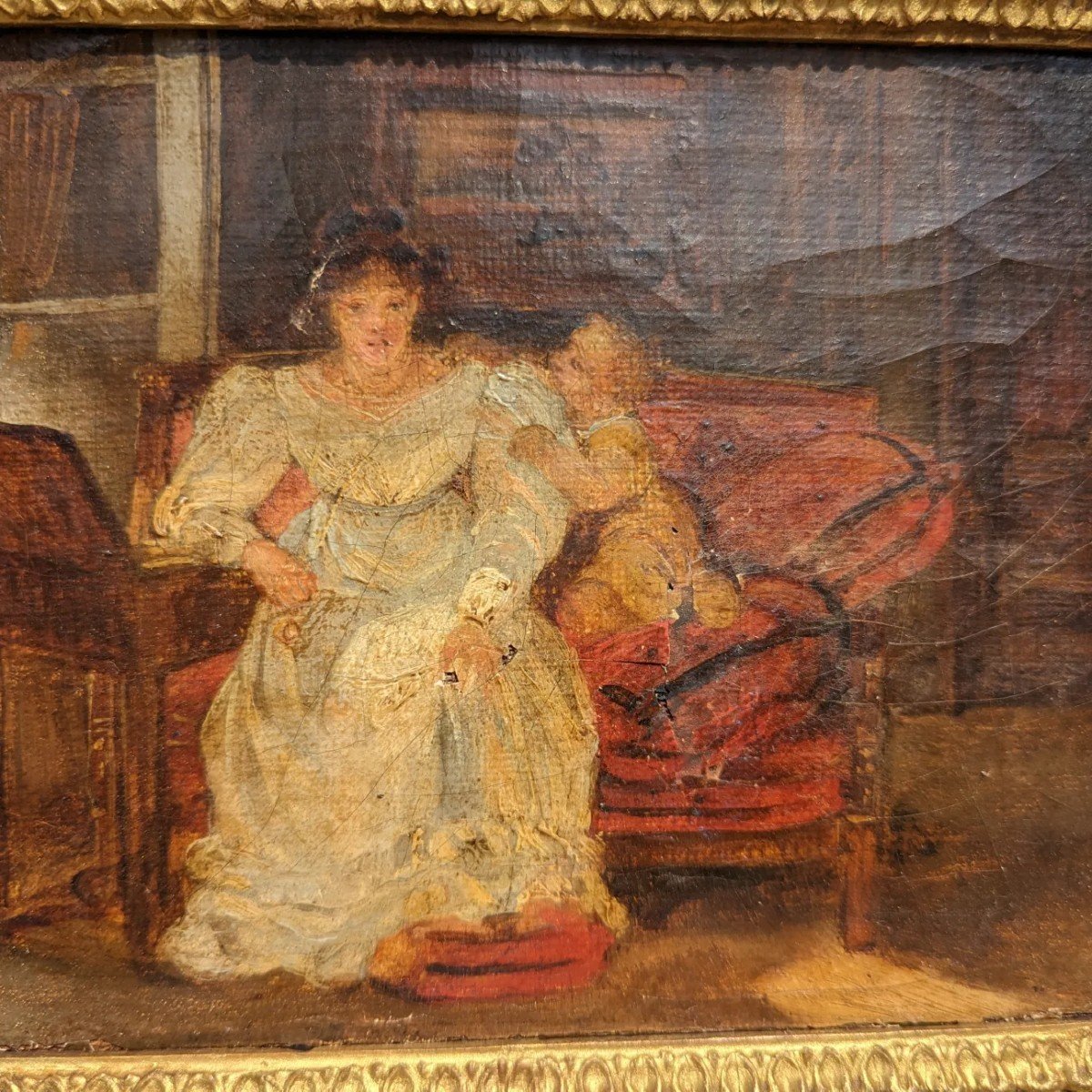 Tableau Hst scène d'intérieur Femme Et l'Enfant 19 ème Siècle -photo-4