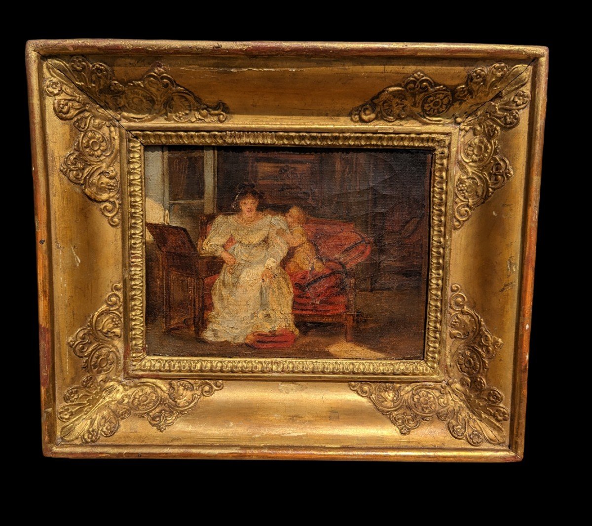 Tableau Hst scène d'intérieur Femme Et l'Enfant 19 ème Siècle 