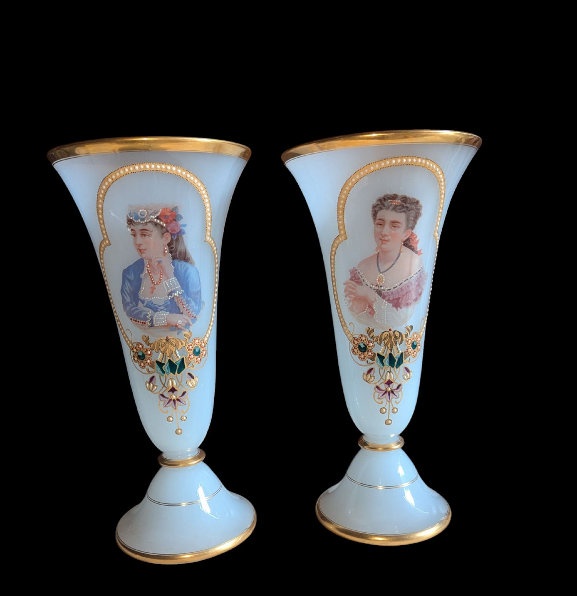 Pair Of White Opaline And Gold Rim Cornet Vases With Enamel Decoration 