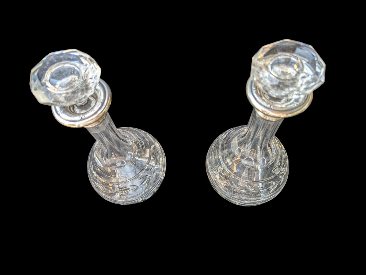 Pair Of Jonzac Model Baccarat Crystal Decanters With Silver Frame -photo-2