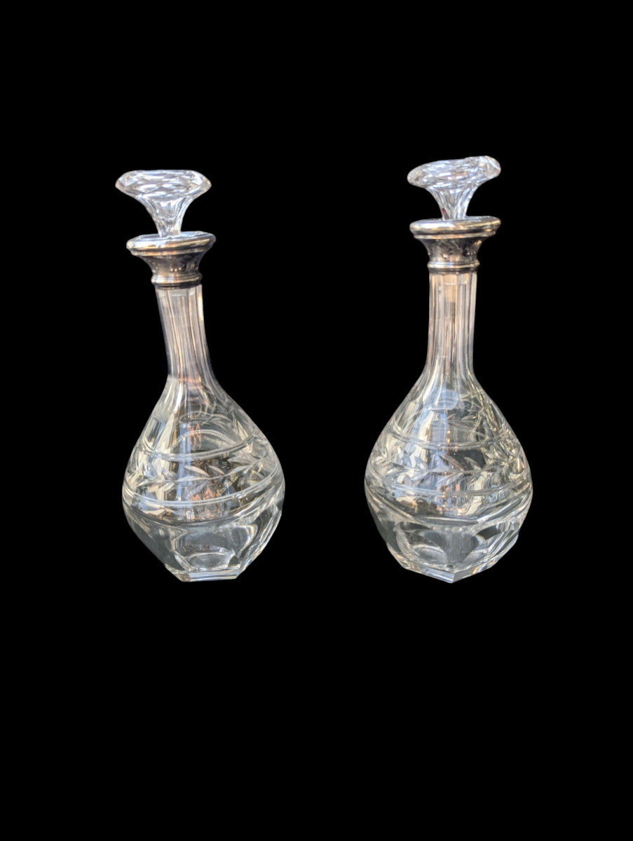 Pair Of Jonzac Model Baccarat Crystal Decanters With Silver Frame 