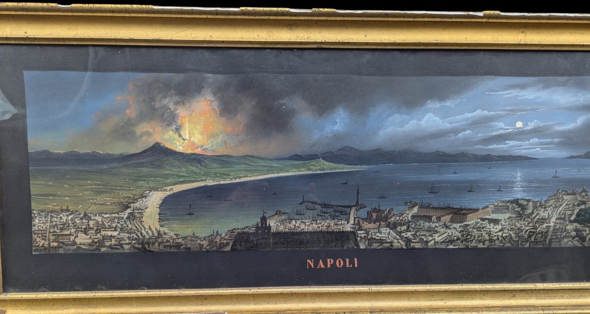 Large Panoramic Neapolitan Gouache, 19th Century-photo-2