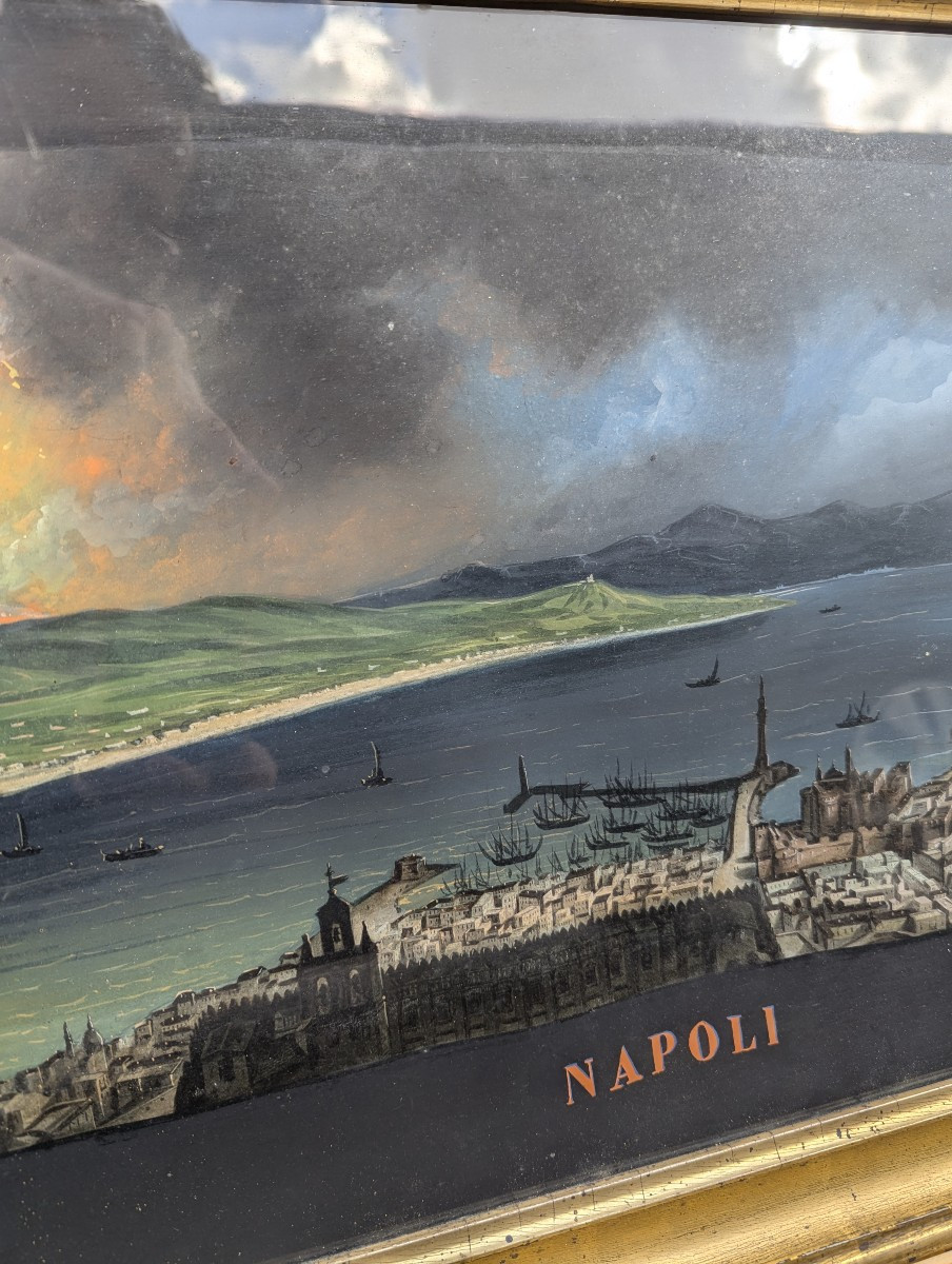 Large Panoramic Neapolitan Gouache, 19th Century-photo-5