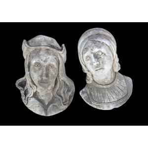 Pair Of Bas Relief Character Heads From The Renaissance 1900