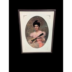 Henri Teissier Femme à La Mandoline Oil On Canvas Laid Down On Panel Signed And Dated