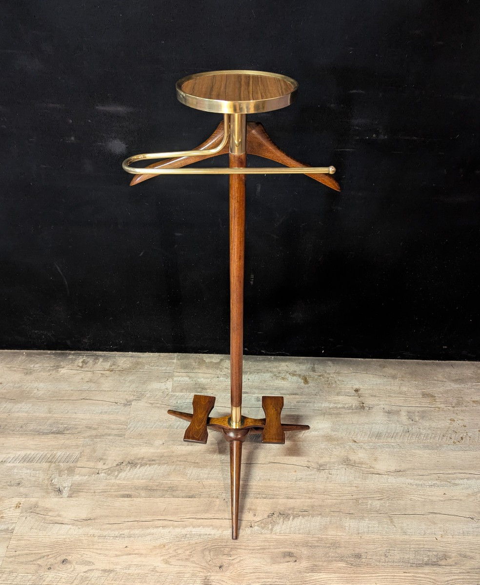 Mahogany And Gilt Brass Tripod Valet Stand – 1970s
