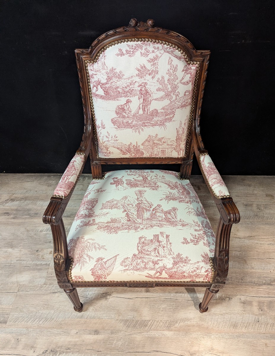 Paire de fauteuils Louis XVI en noyer, tissu toile de Jouy-photo-3