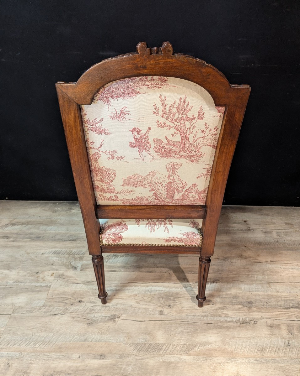 Paire de fauteuils Louis XVI en noyer, tissu toile de Jouy-photo-2