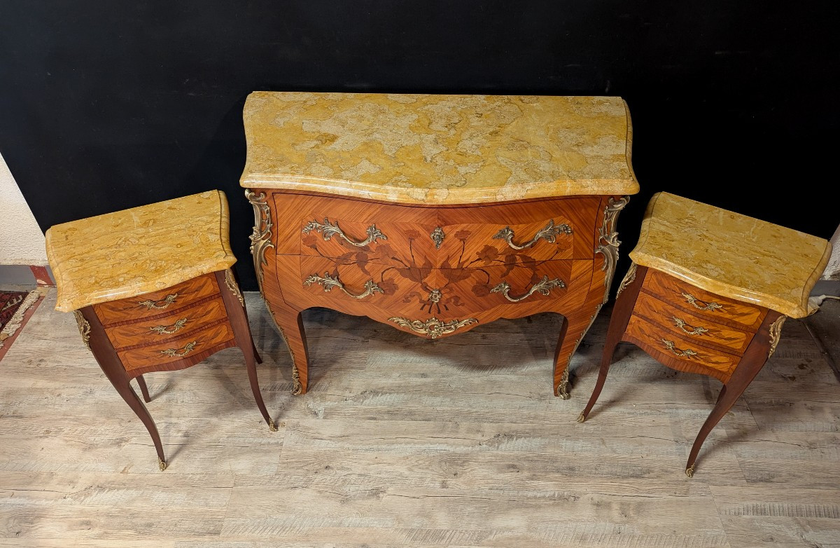 Louis XV Style Chest Of Drawers In Marquetry And Its Pair Of Matching Bedside Tables-photo-2