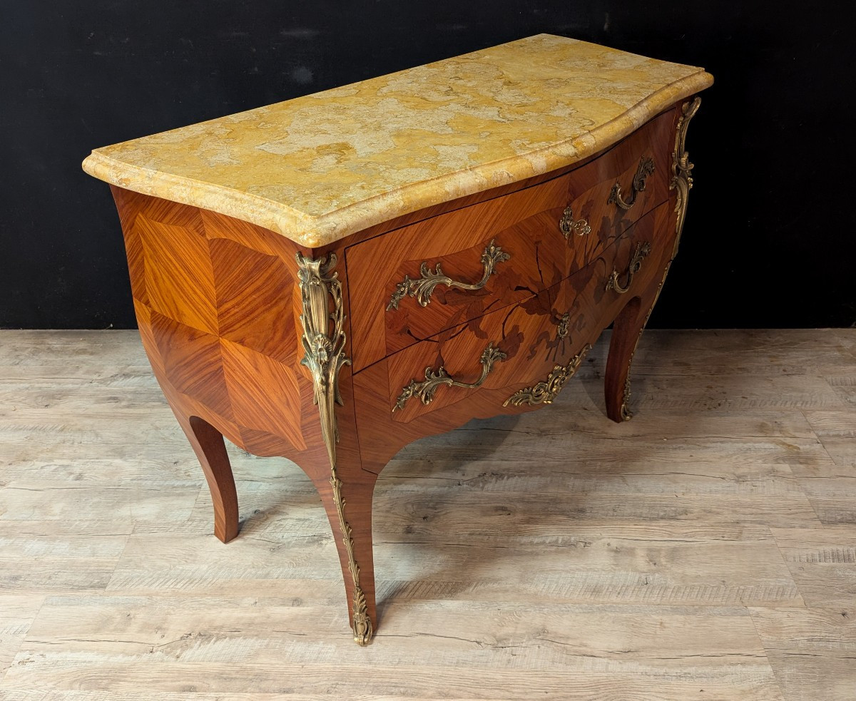 Louis XV Style Chest Of Drawers In Marquetry And Its Pair Of Matching Bedside Tables-photo-3