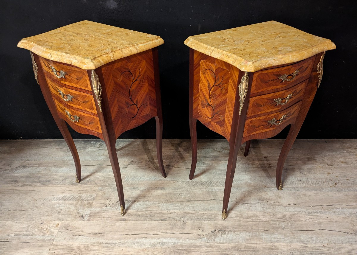 Louis XV Style Chest Of Drawers In Marquetry And Its Pair Of Matching Bedside Tables-photo-5