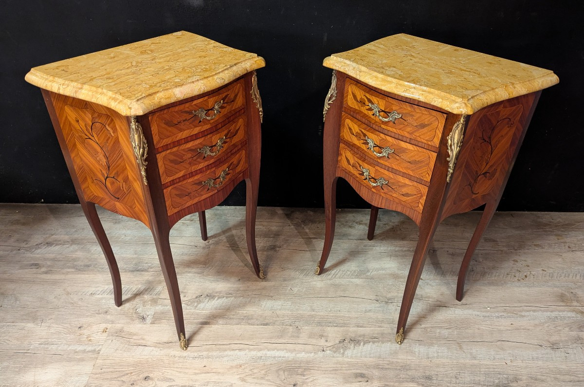 Louis XV Style Chest Of Drawers In Marquetry And Its Pair Of Matching Bedside Tables-photo-6