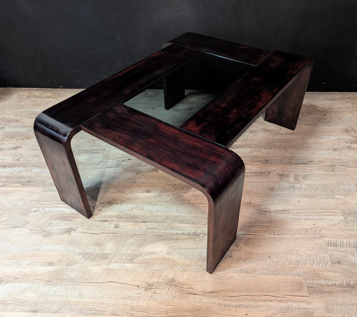 Table basse vintage en palissandre et verre fumé années 1980-photo-4