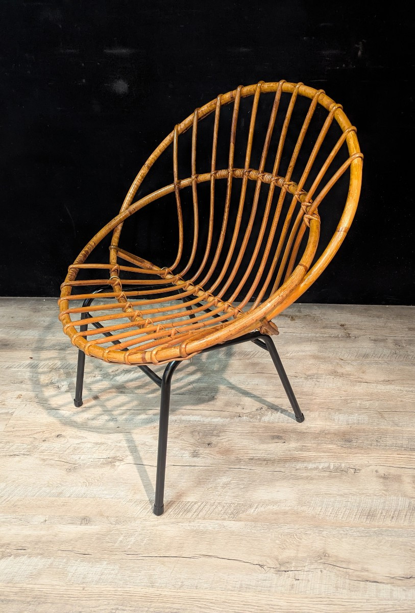 Suite de quatre fauteuils en rotin, design années 1950-1960-photo-4