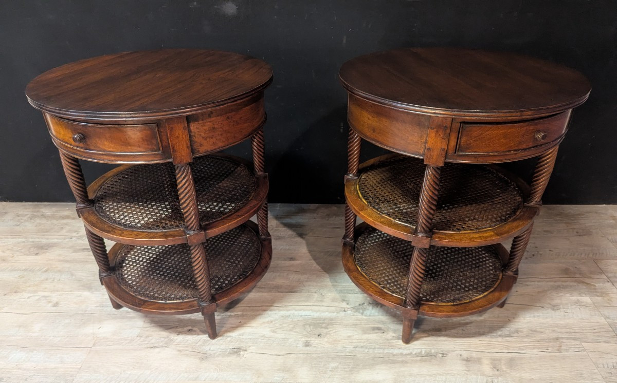 Pair Of Oval Mahogany Pedestal Tables With Caned Shelves – 19th Century-photo-2