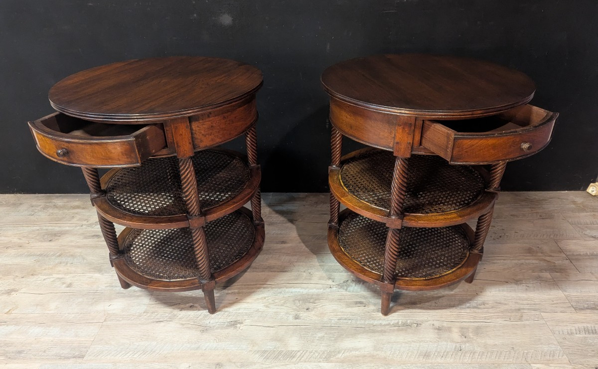 Pair Of Oval Mahogany Pedestal Tables With Caned Shelves – 19th Century-photo-3