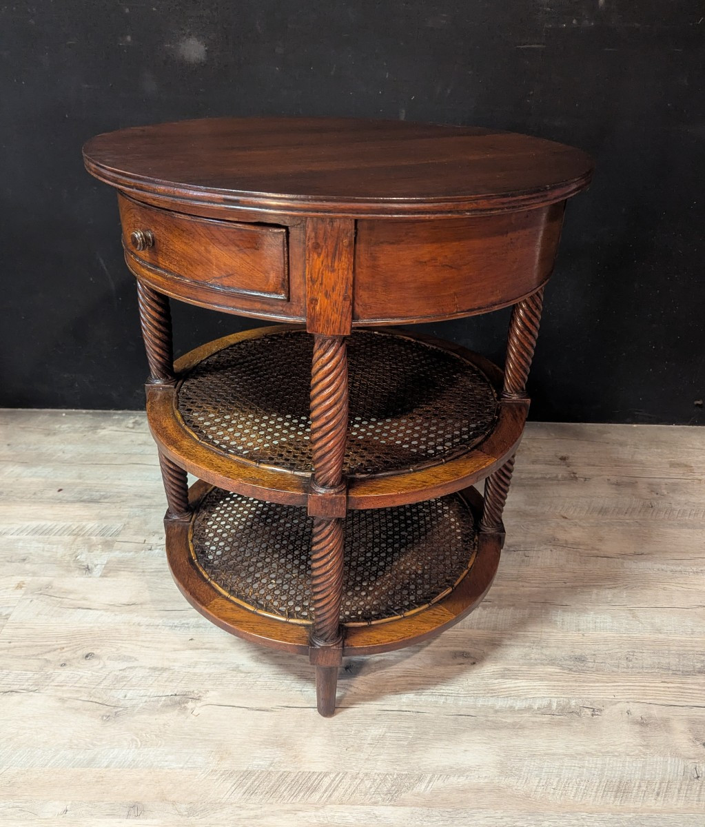 Pair Of Oval Mahogany Pedestal Tables With Caned Shelves – 19th Century-photo-1
