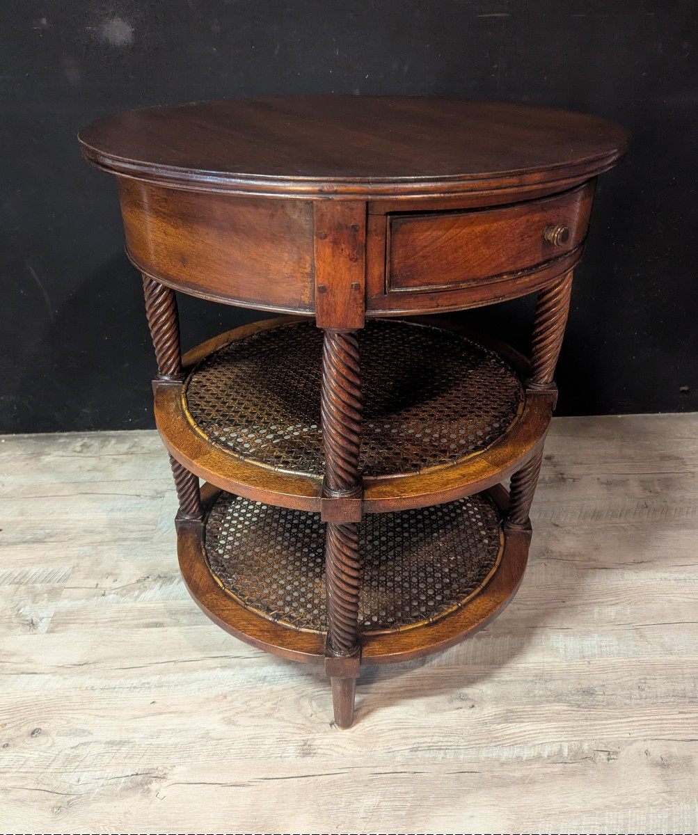 Pair Of Oval Mahogany Pedestal Tables With Caned Shelves – 19th Century-photo-2