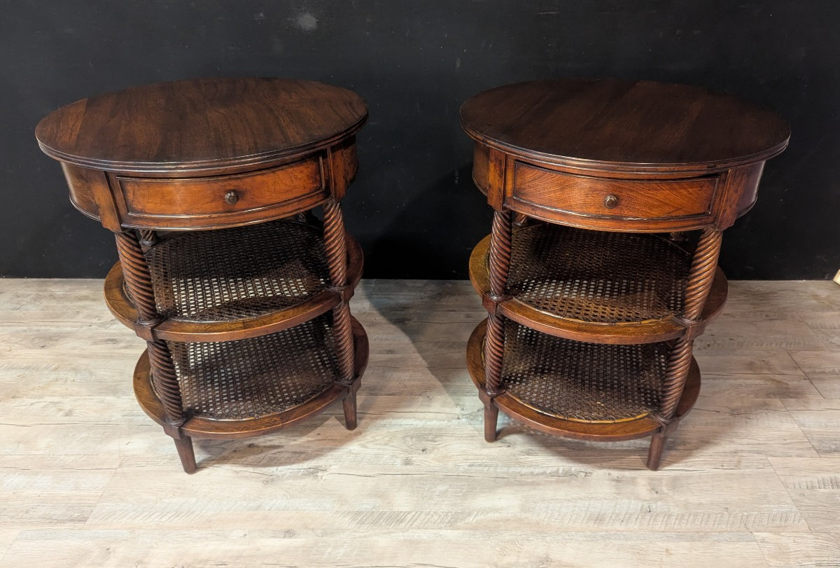 Pair Of Oval Mahogany Pedestal Tables With Caned Shelves – 19th Century