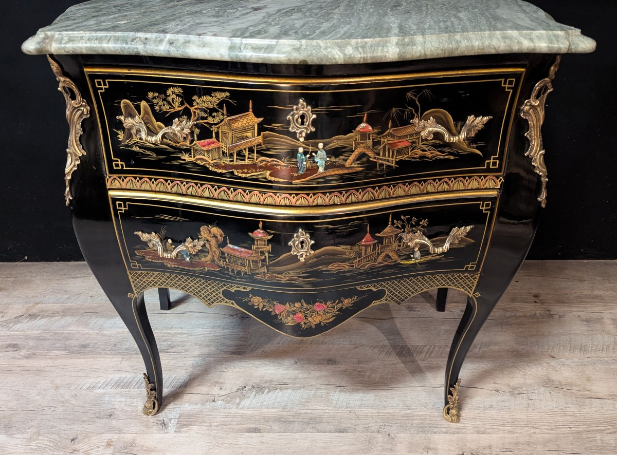 Louis XV Style Chest Of Drawers In Black Lacquer With Chinoiserie Decoration And Mother-of-pearl Inlays-photo-2