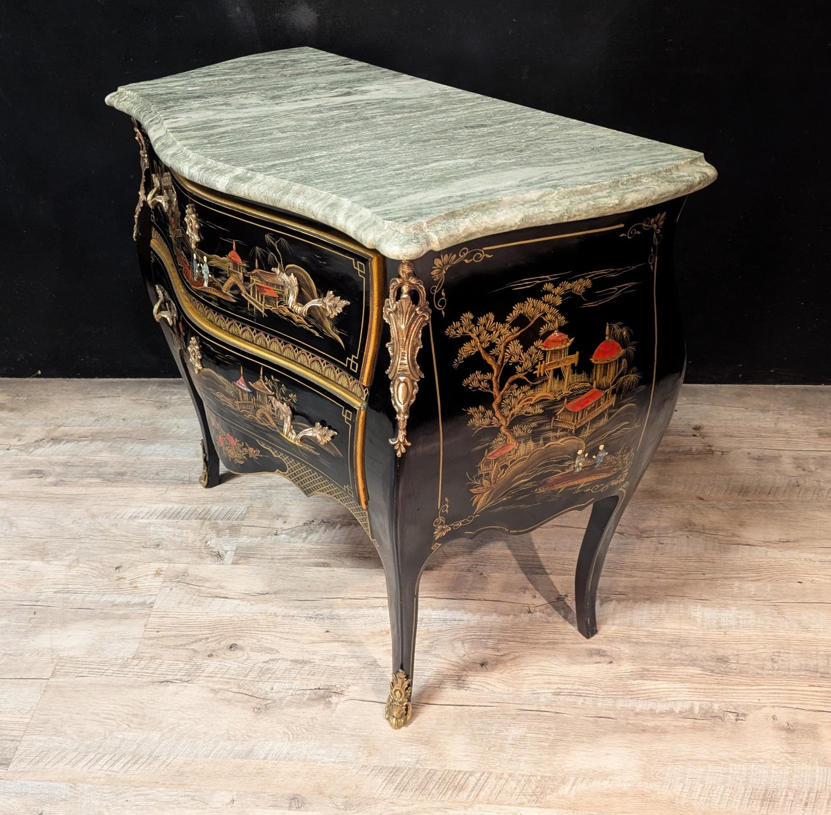 Louis XV Style Chest Of Drawers In Black Lacquer With Chinoiserie Decoration And Mother-of-pearl Inlays-photo-4