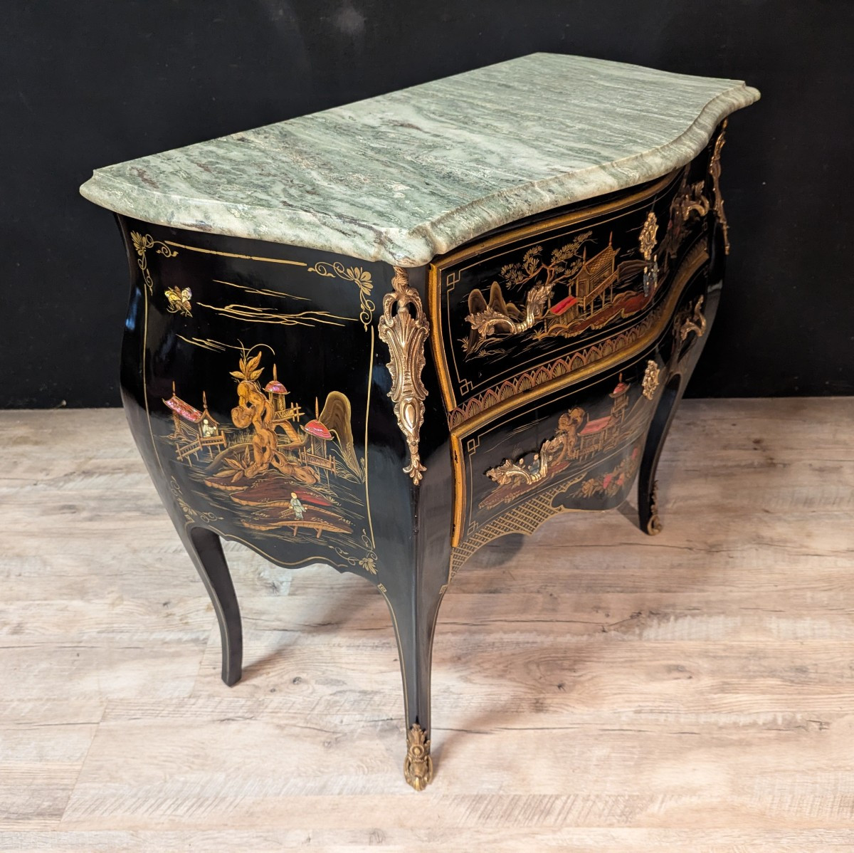 Louis XV Style Chest Of Drawers In Black Lacquer With Chinoiserie Decoration And Mother-of-pearl Inlays-photo-2