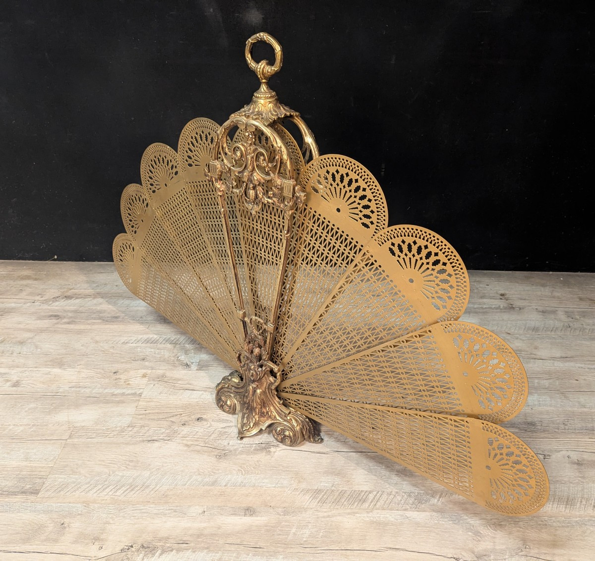 Grand pare-feu de cheminée Napoléon III en bronze doré à 9 feuilles, forme éventail-photo-2