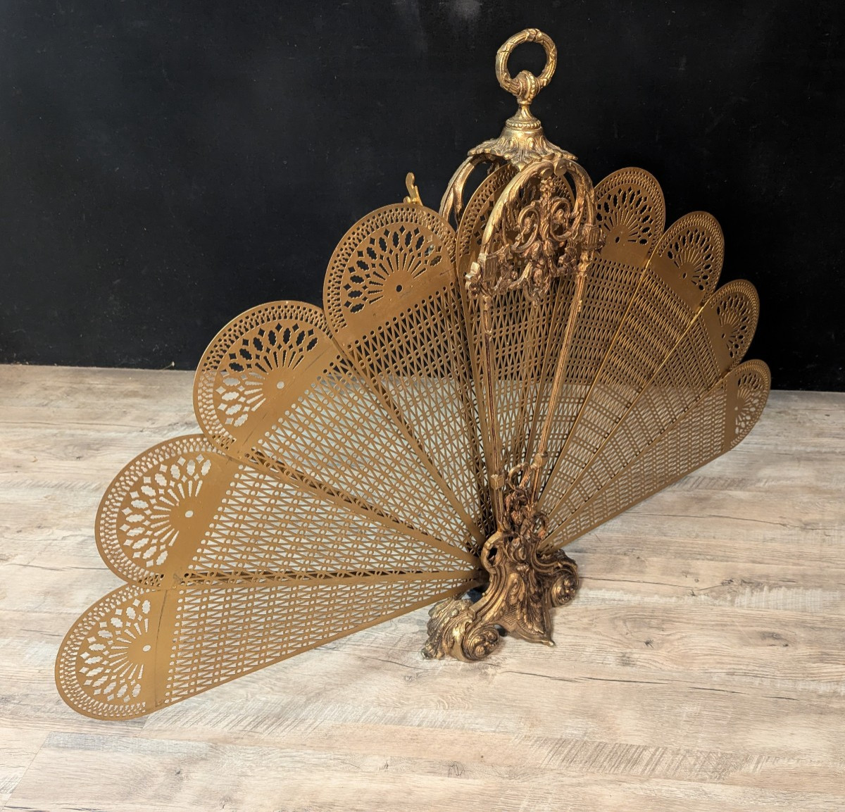 Grand pare-feu de cheminée Napoléon III en bronze doré à 9 feuilles, forme éventail-photo-3